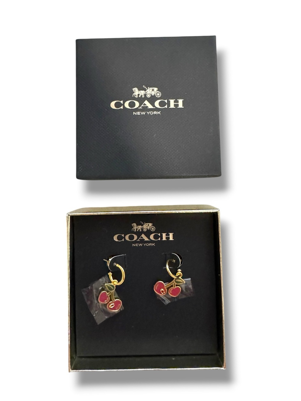 COACH Gold-Tone Red Enamel Cherry Hoop Earrings